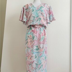 Vintage Pastel Floral Midi Dress Belted Flutter Sleeve Spring